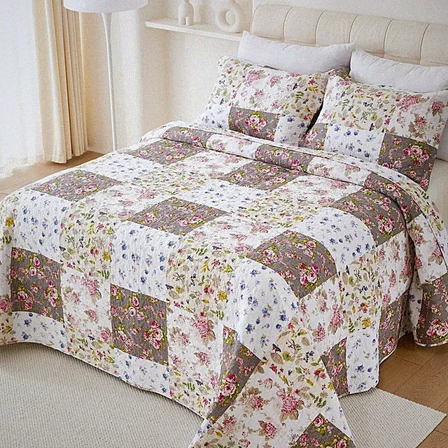100% Cotton Quilt Set King Size Floral Patchwork Bedding Set All Season 106"x96"