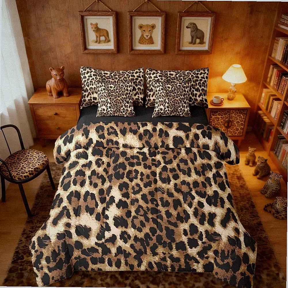 Black Brown Leopard Print Bed in a Bag Queen | Cheetah Print 7 Piece Comforter S